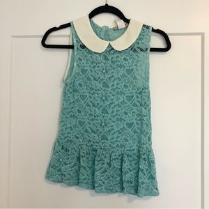 Chloe K Mint Blue Lace Sleeveless Button Back Cream Collar Peplum Top Small XS
